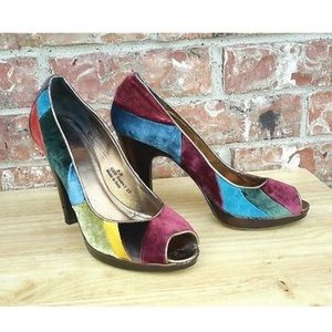 Coach Diedra Ergo suede patchwork peep toe heels